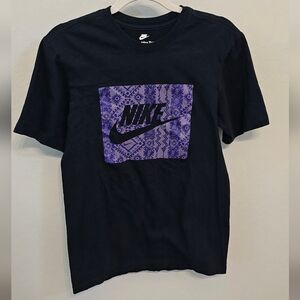 Nike Black Short Sleeve Tee with Purple Patterned Swoosh Graphic